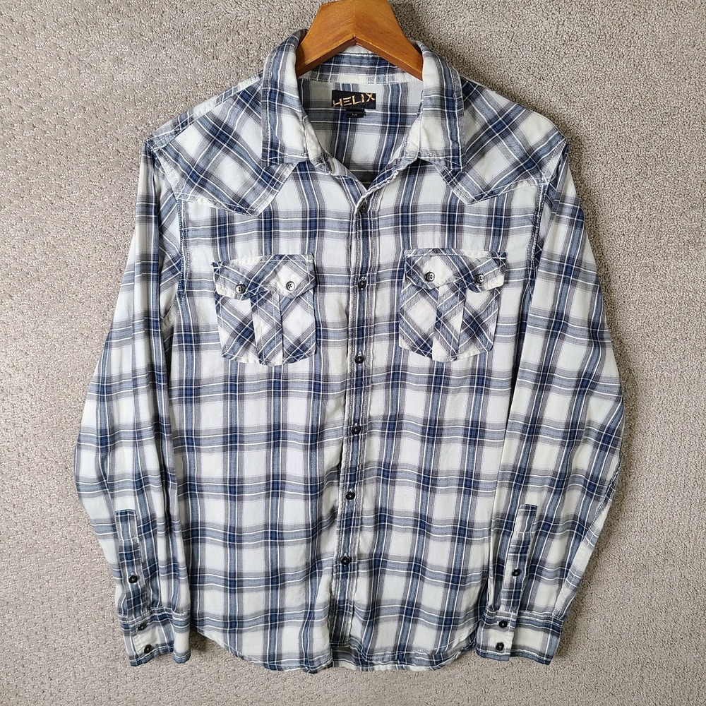 Helix Shirt Mens Medium Blue White Plaid‎ Flannel Western Cut Button Down Cotton